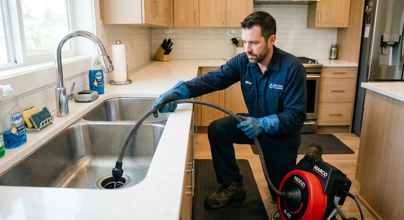 Drain cleaning technician using a motorized snake on a kitchen sink in Veneta