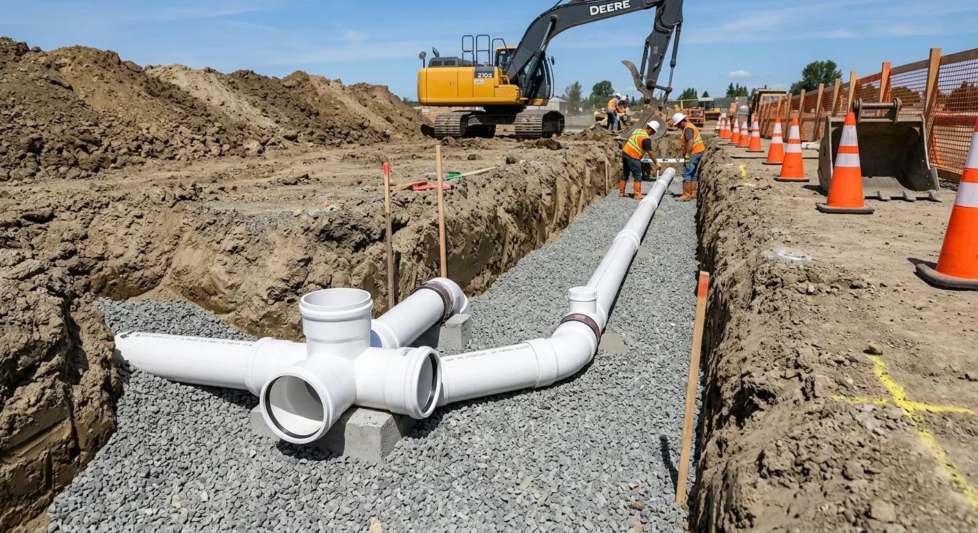 New PVC sewer pipe installation in open trench for Sewer Backup in Veneta