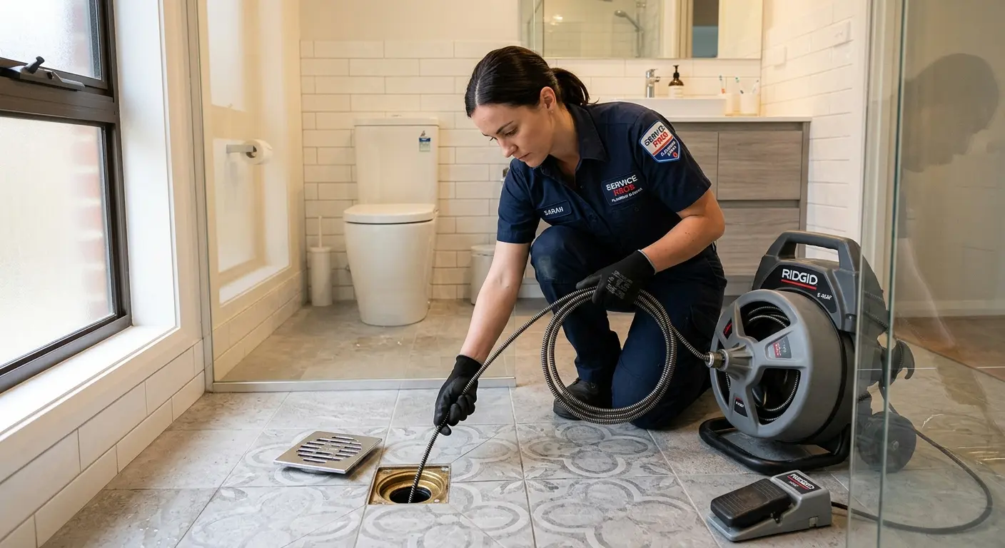 Technician clearing a bathroom floor drain for Drain Repair in Veneta